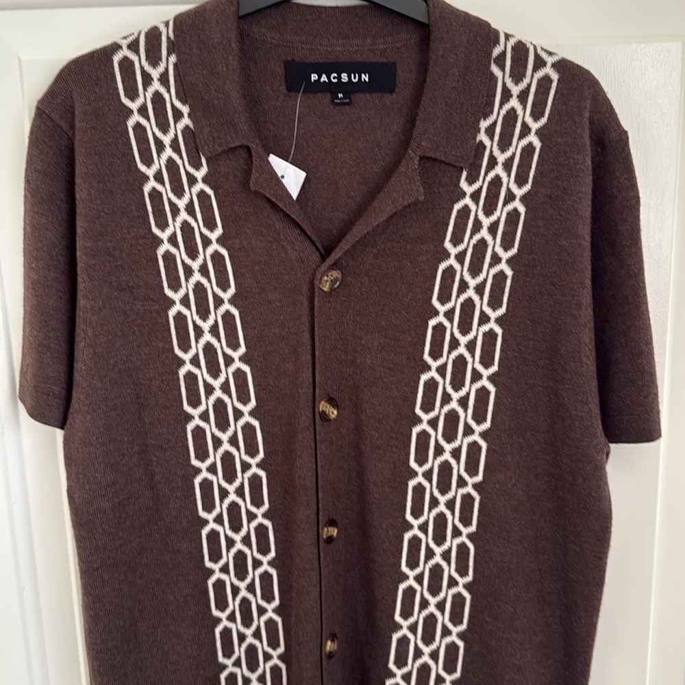 PacSun Brown Jacquard Knit Button-Up Shirt - Size Medium - NEW - Picture 9 of 11
